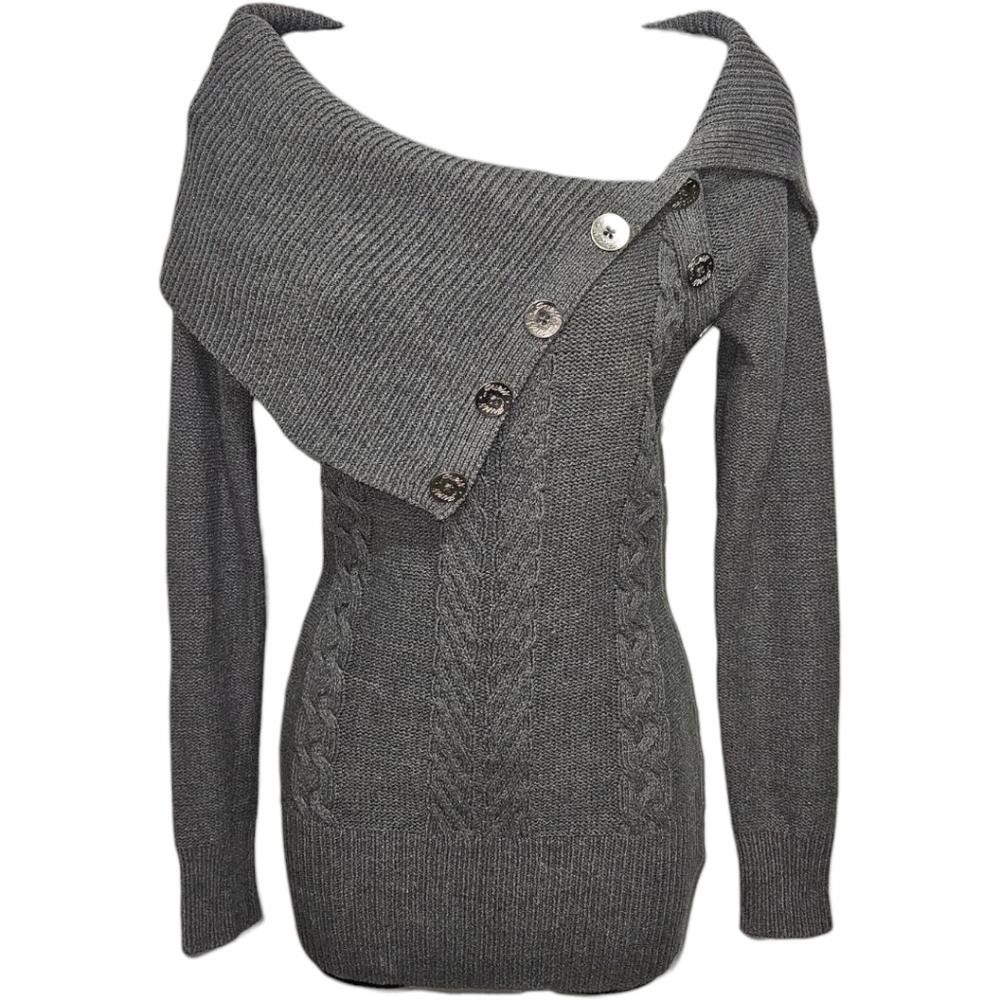 Guess Cross Over Button Cable Knit Long Sleeve Sweater